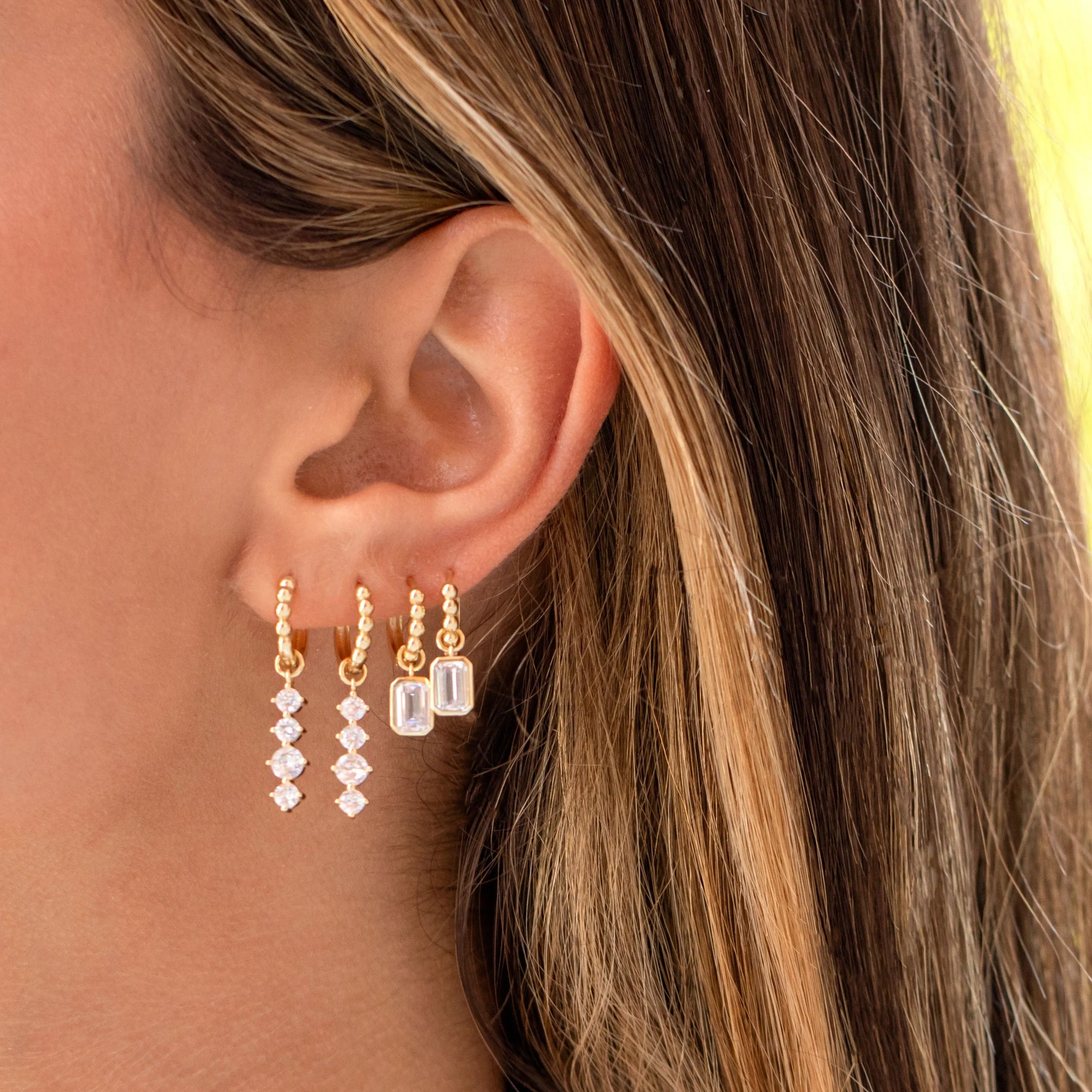 Emerald Bezel Drop Beaded Huggie Earring