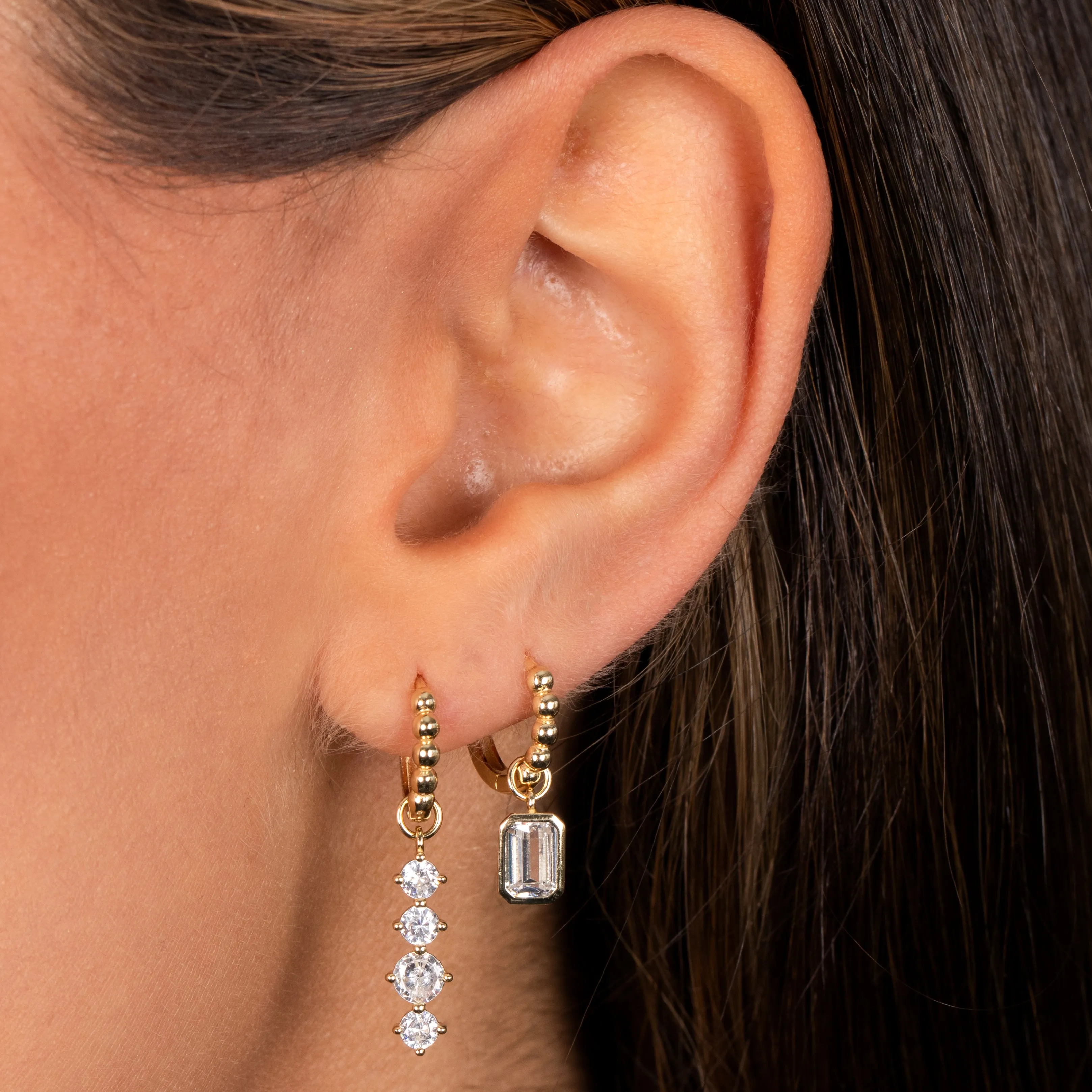 Emerald Bezel Drop Beaded Huggie Earring