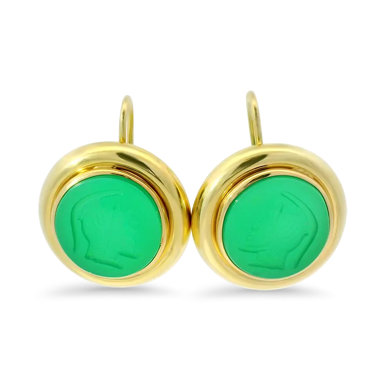 Estate 14k Yellow Gold Green Onyx Intaglio Drop Earrings