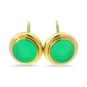 Estate 14k Yellow Gold Green Onyx Intaglio Drop Earrings