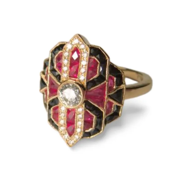 Exquisite Art Deco 18K Yellow Gold Diamond Hand Cut Ruby Onyx Ring Band