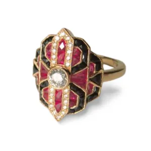 Exquisite Art Deco 18K Yellow Gold Diamond Hand Cut Ruby Onyx Ring Band