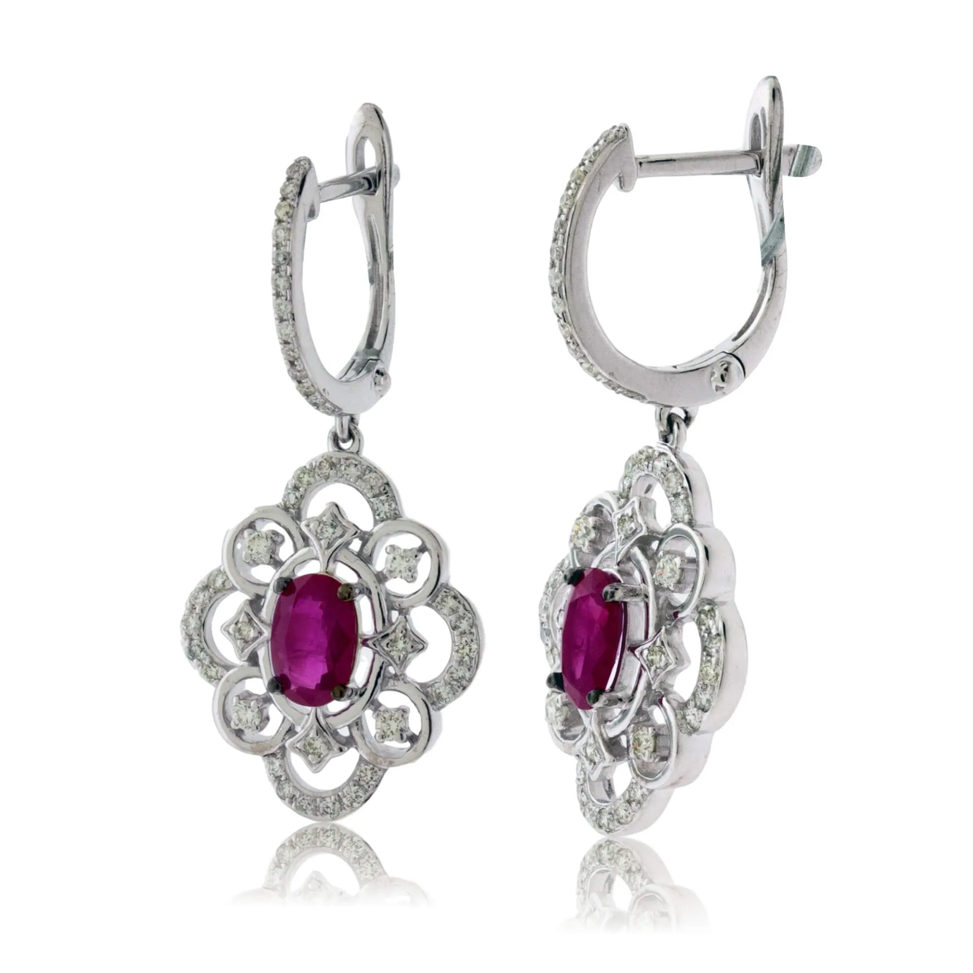 Filigree Style Oval Ruby Dangle Earrings