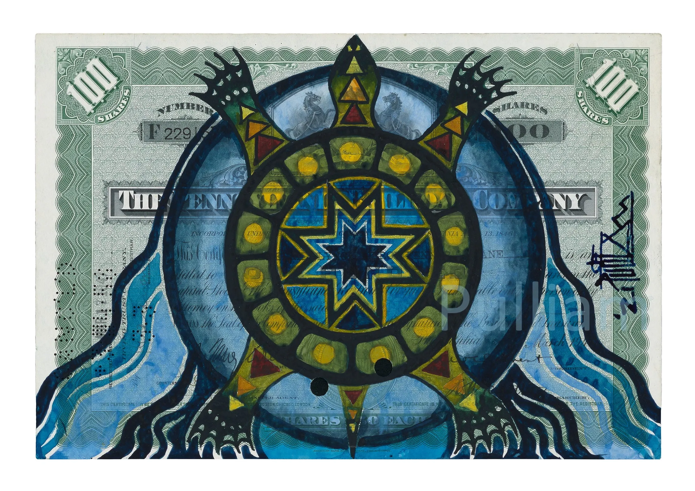 (Fine Art Print) Watercolor on Antique Stock Certificate ~ Keya the Guardian of LIfe