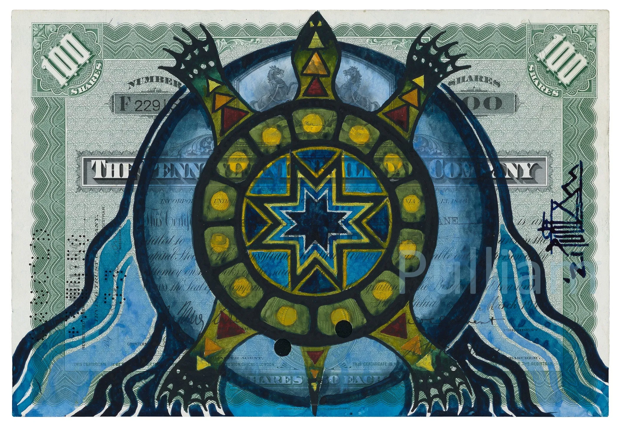 (Fine Art Print) Watercolor on Antique Stock Certificate ~ Keya the Guardian of LIfe