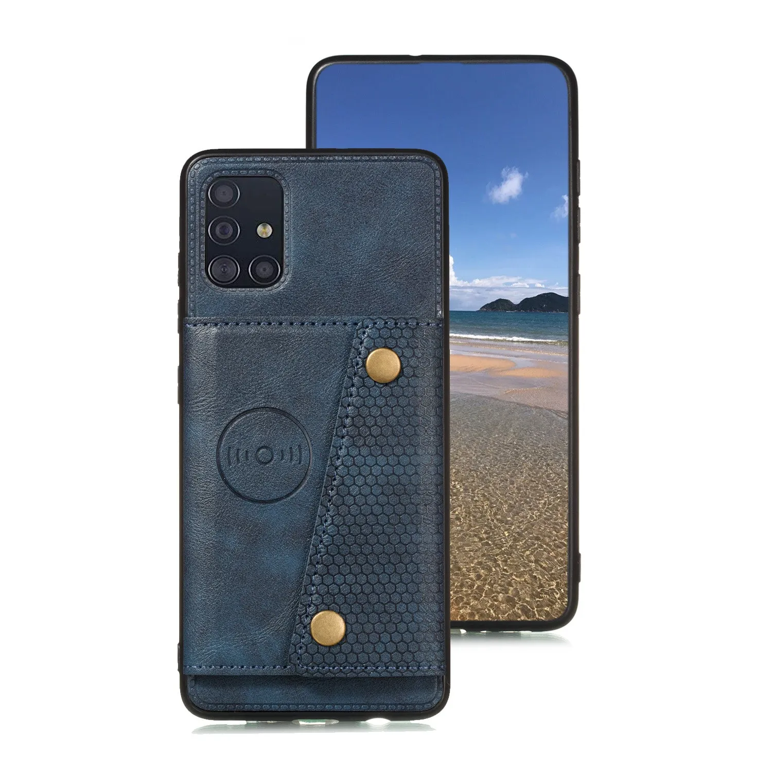 For Samsung A51 Cellphone Cover Back Case Double Buckle PU Leather with Card Slots Shell blue