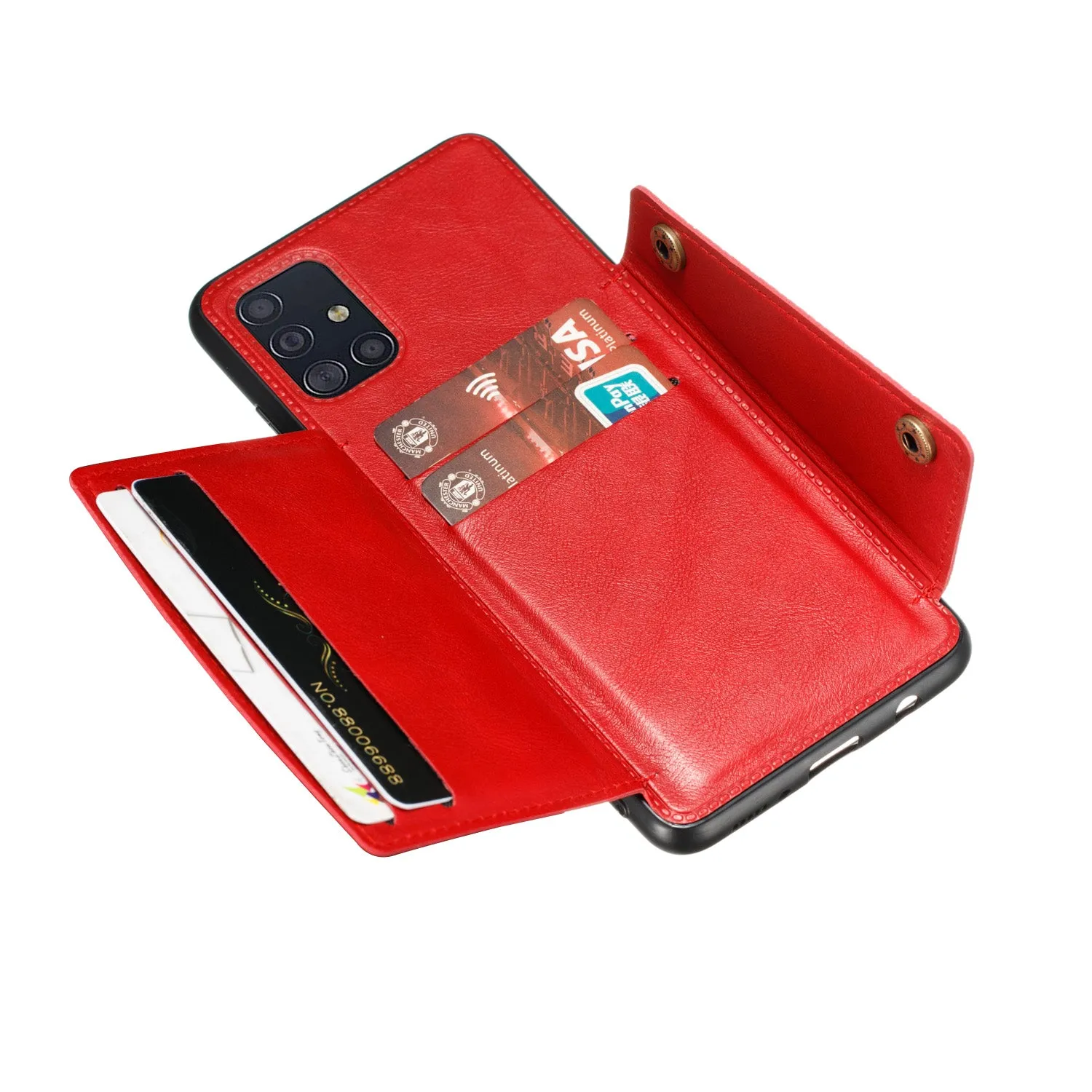 For Samsung A51 Cellphone Cover Back Case Double Buckle PU Leather with Card Slots Shell Light Brown