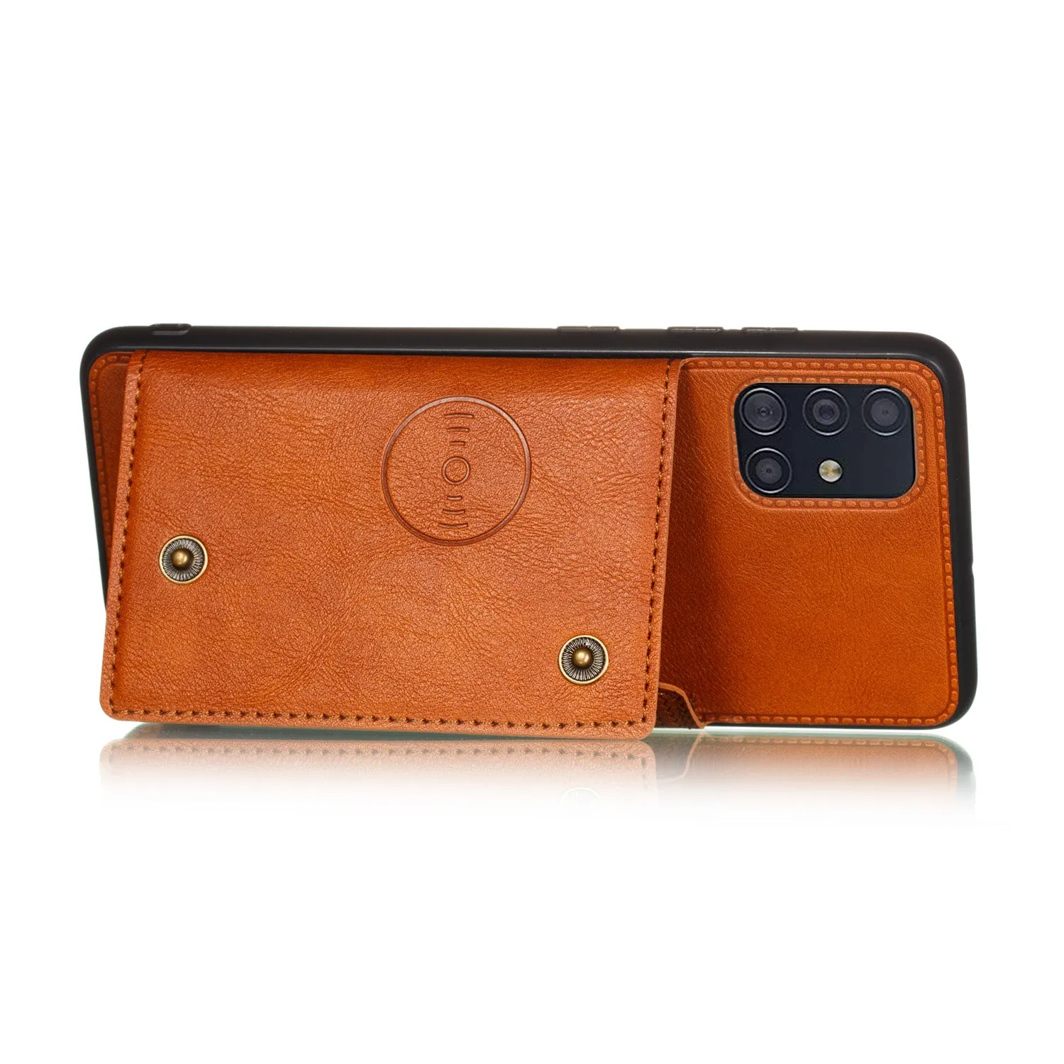 For Samsung A51 Cellphone Cover Back Case Double Buckle PU Leather with Card Slots Shell Light Brown