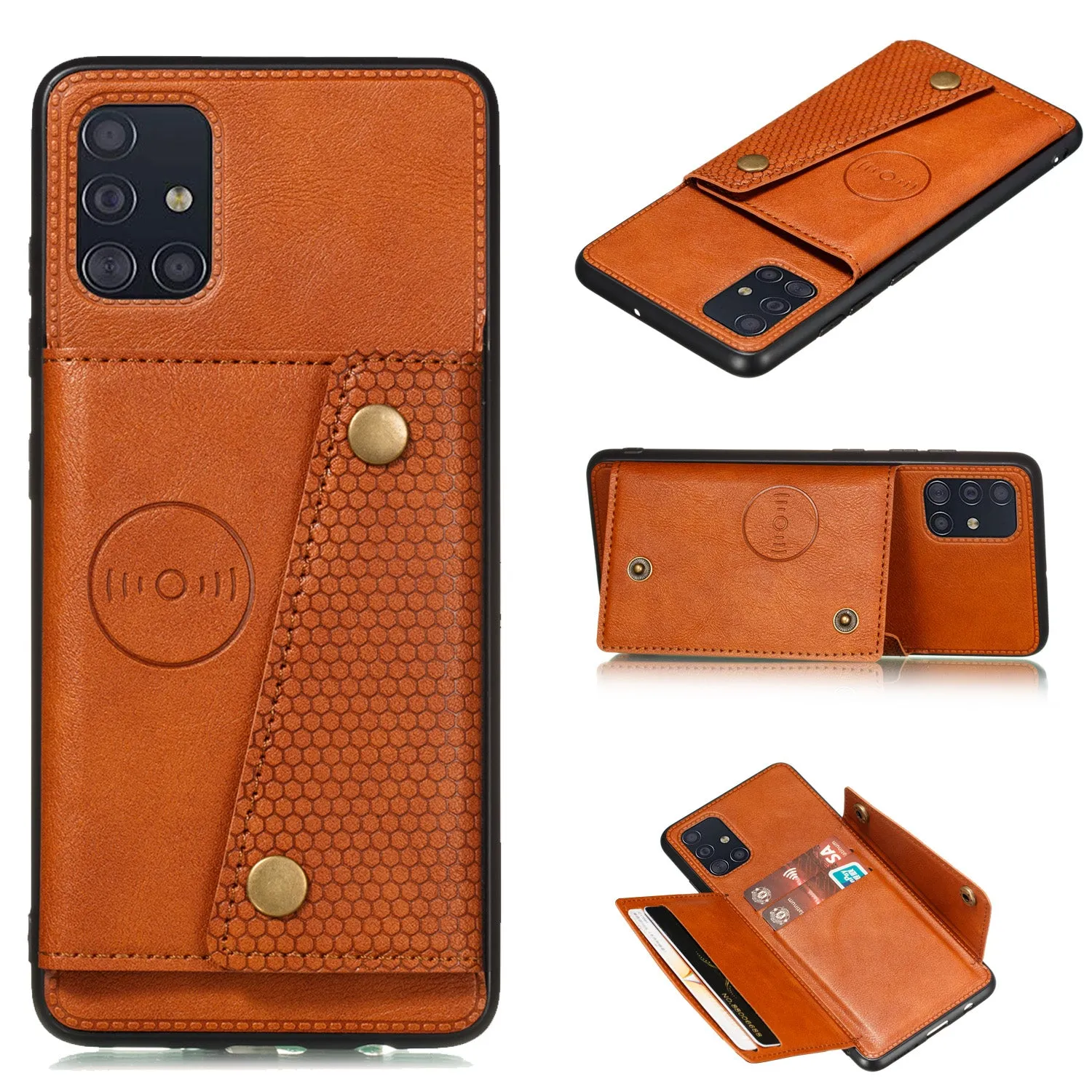 For Samsung A51 Cellphone Cover Back Case Double Buckle PU Leather with Card Slots Shell Light Brown