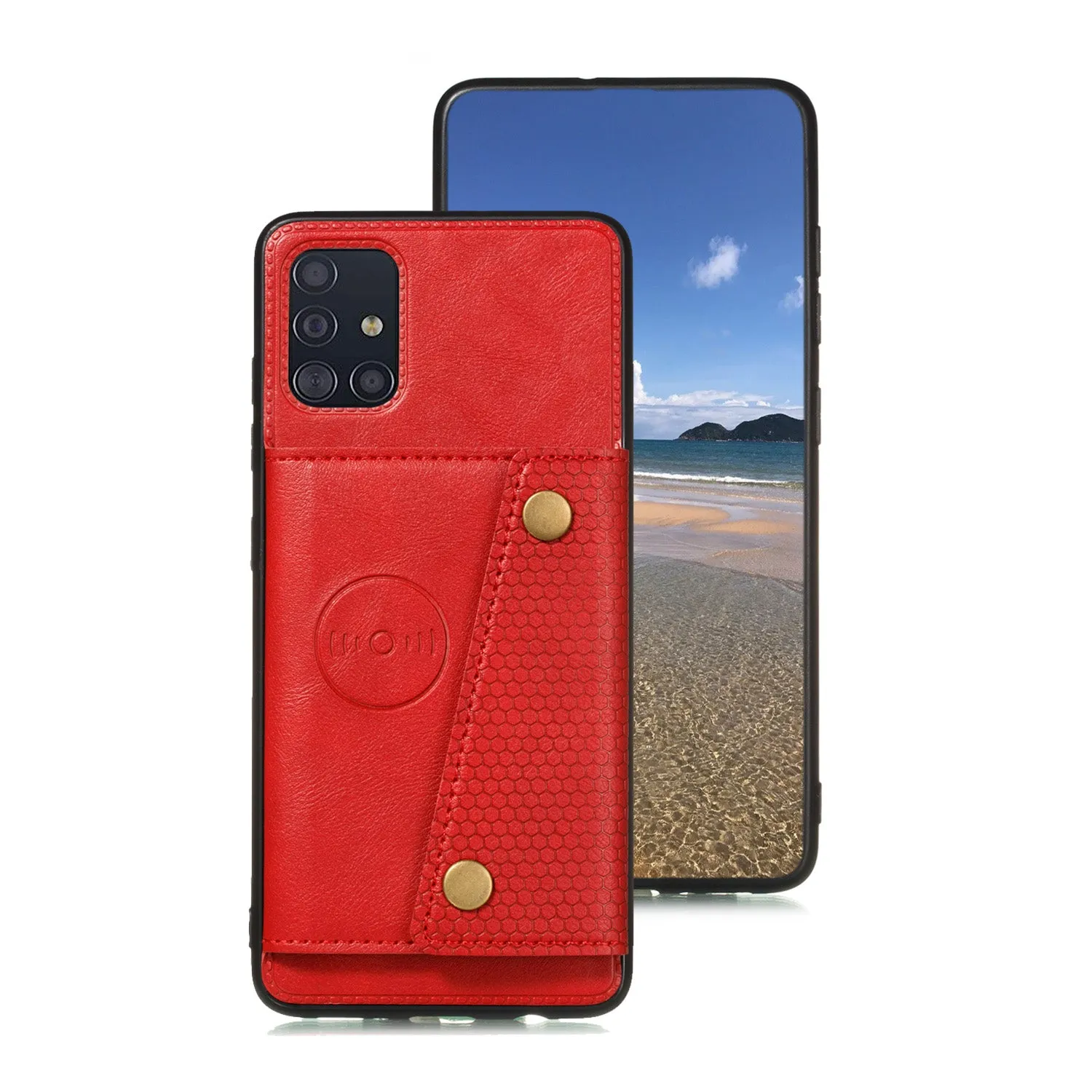 For Samsung A51 Cellphone Cover Back Case Double Buckle PU Leather with Card Slots Shell Light Brown