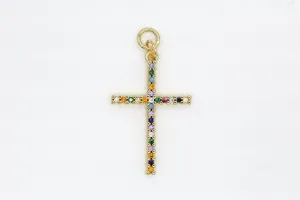Gold Multicolor Pave Cross Charm