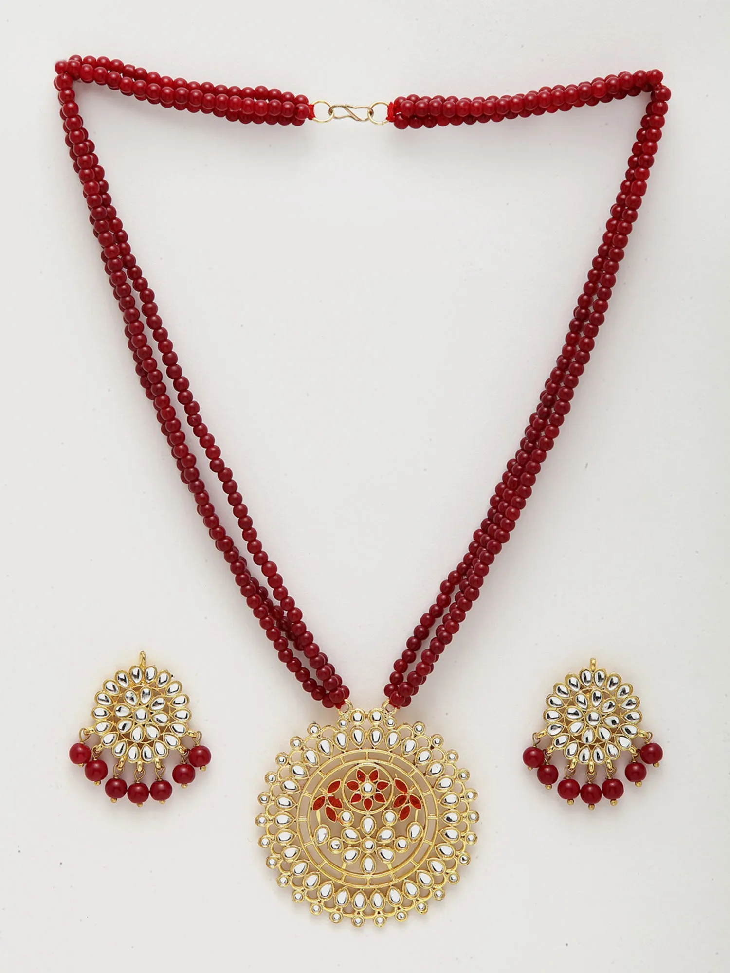 Gold Plated Antique Red Kundan Rani Haar Beaded Pendant Set