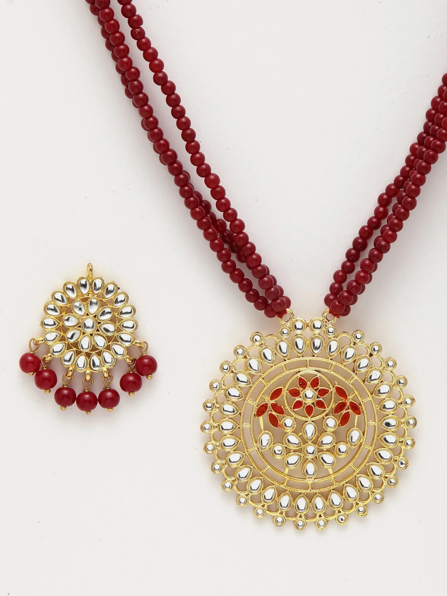 Gold Plated Antique Red Kundan Rani Haar Beaded Pendant Set