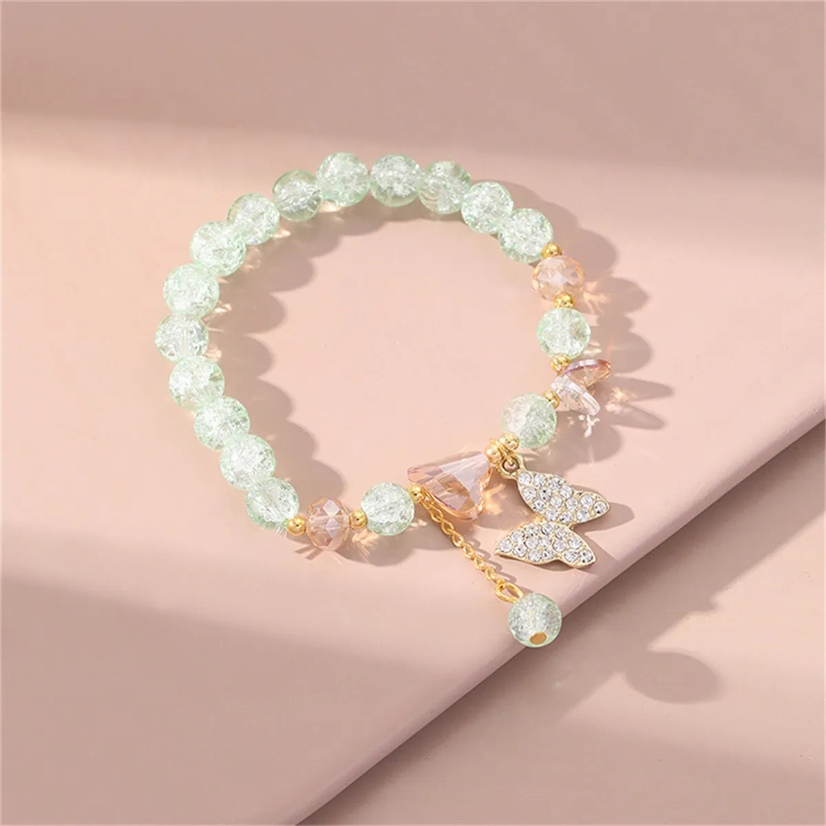 Green Acrylic & Cubic Zirconia 18K Gold-Plated Heart & Butterfly Beaded Stretch Bracelet