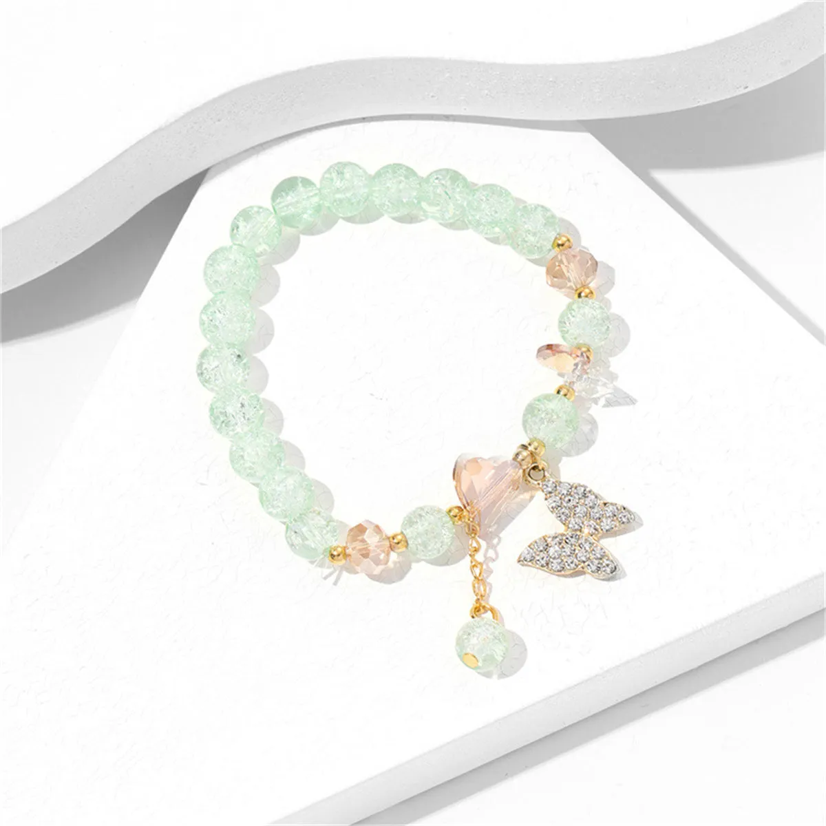 Green Acrylic & Cubic Zirconia 18K Gold-Plated Heart & Butterfly Beaded Stretch Bracelet