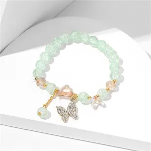 Green Acrylic & Cubic Zirconia 18K Gold-Plated Heart & Butterfly Beaded Stretch Bracelet