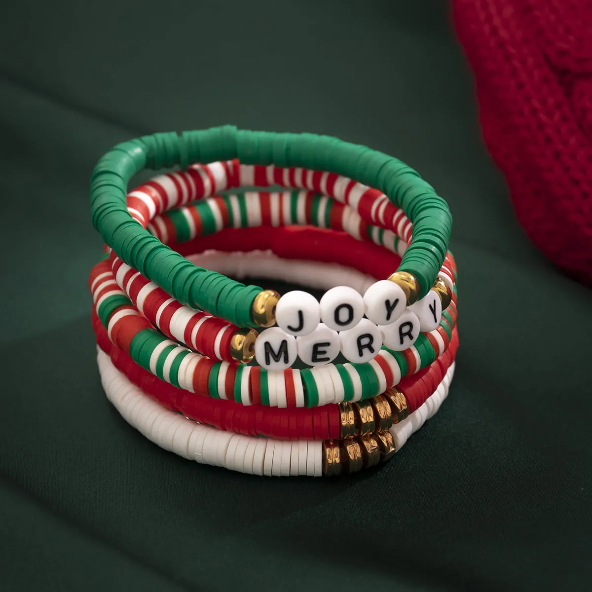 Green & Red 'Merry' 'Joy' Beaded Stretch Bracelet Set