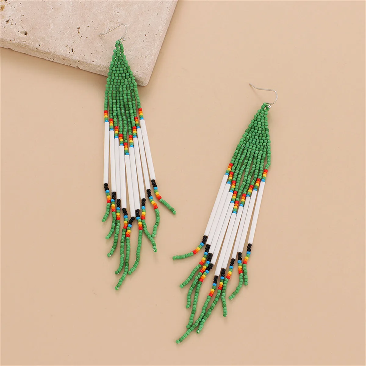 Green & White Tassel Beaded Drop Earrings