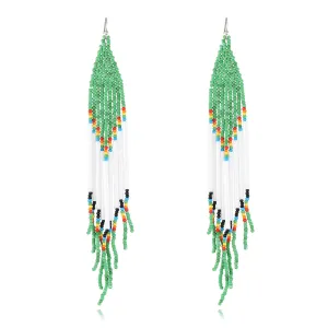 Green & White Tassel Beaded Drop Earrings