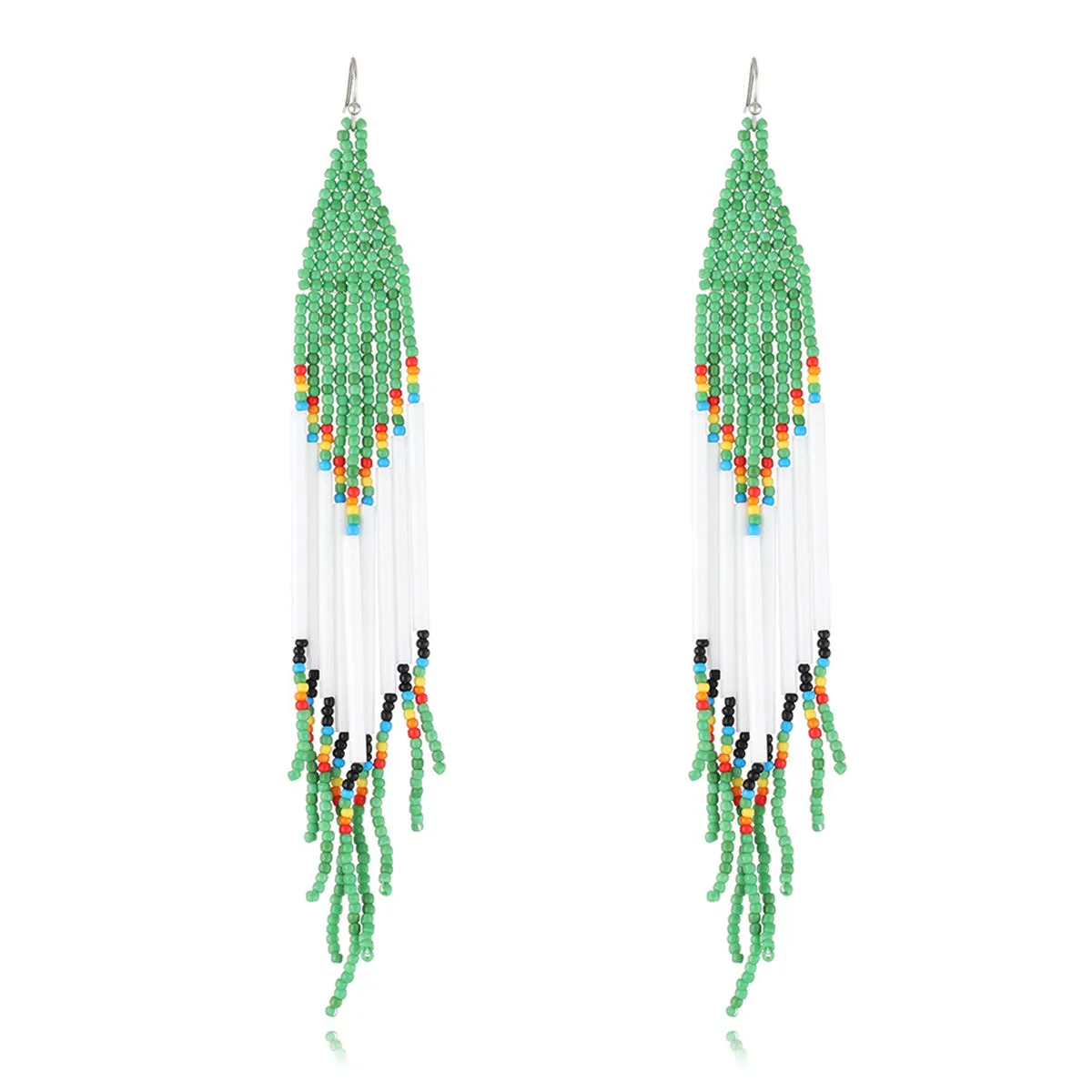 Green & White Tassel Beaded Drop Earrings