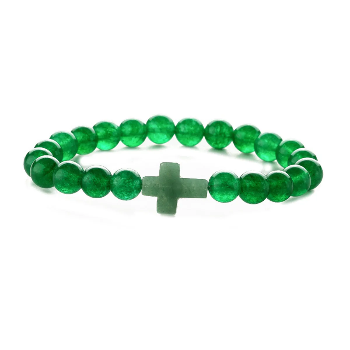 Green Quartz Cross Charm Beaded Stretch Bracelet