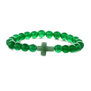 Green Quartz Cross Charm Beaded Stretch Bracelet