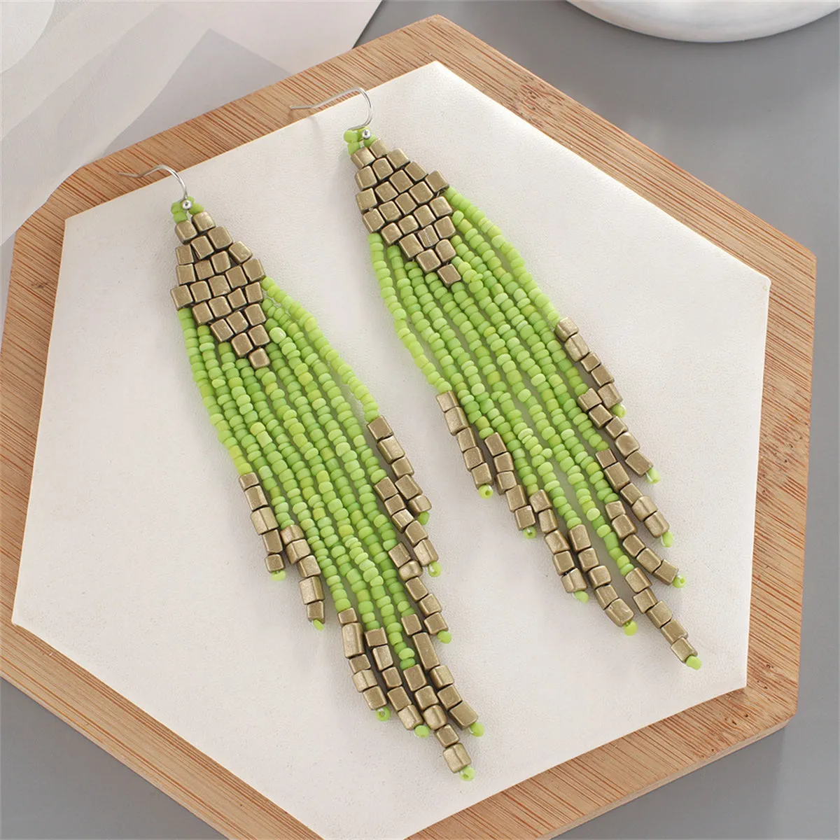 Green Tassel Beaded Drop Earrings