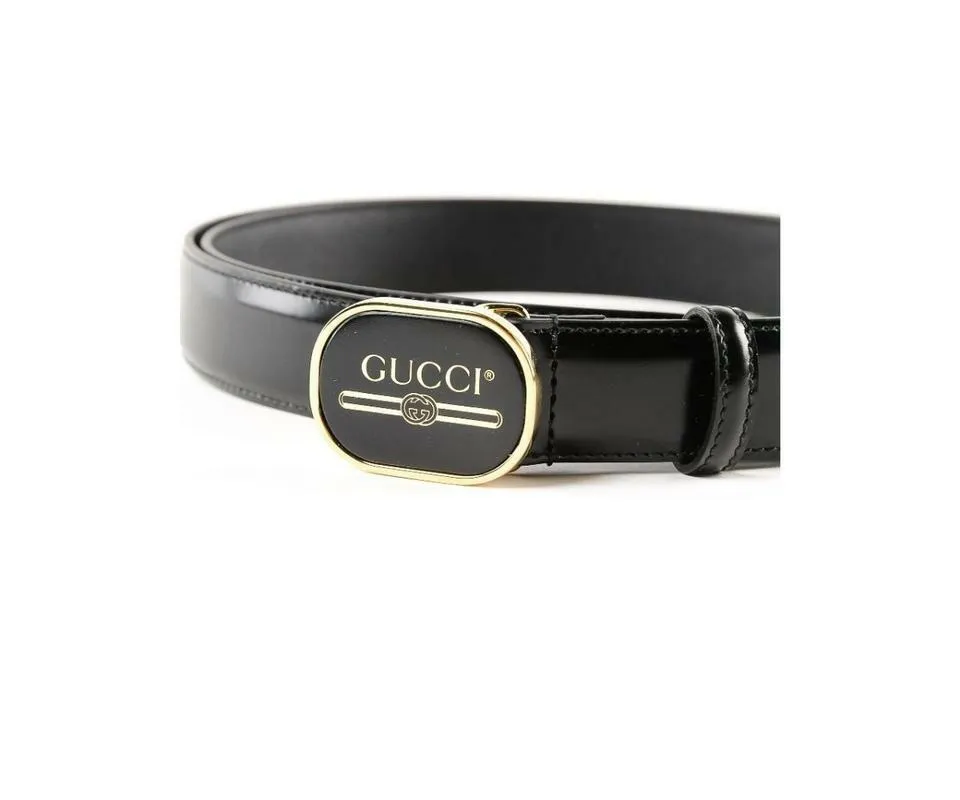 Gucci Leather Belt with Enamel Logo Buckle in Black
