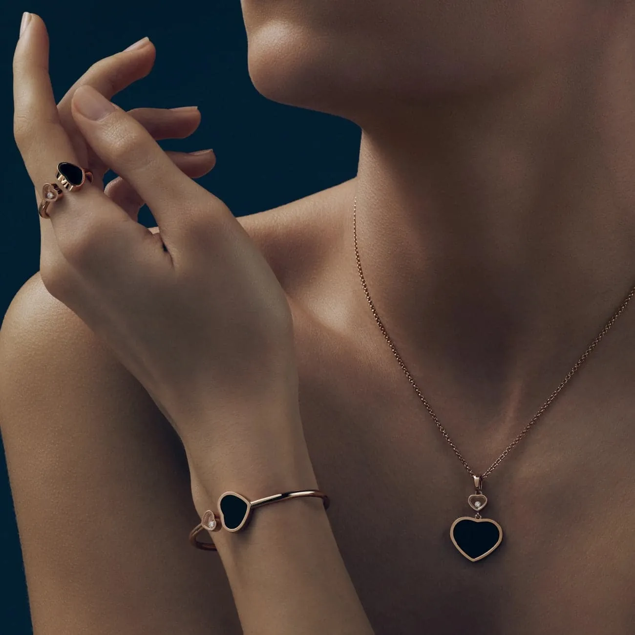 Happy Hearts Ethical Rose Gold Diamond Onyx Bangle Bracelet