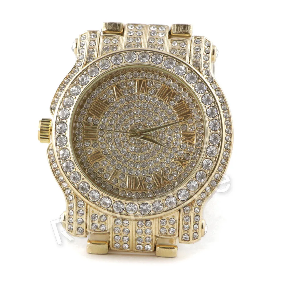 Hip Hop 14K Gold Simulated Diamond Watch Ruby Cuban Chain Bling Bracelet Set F47