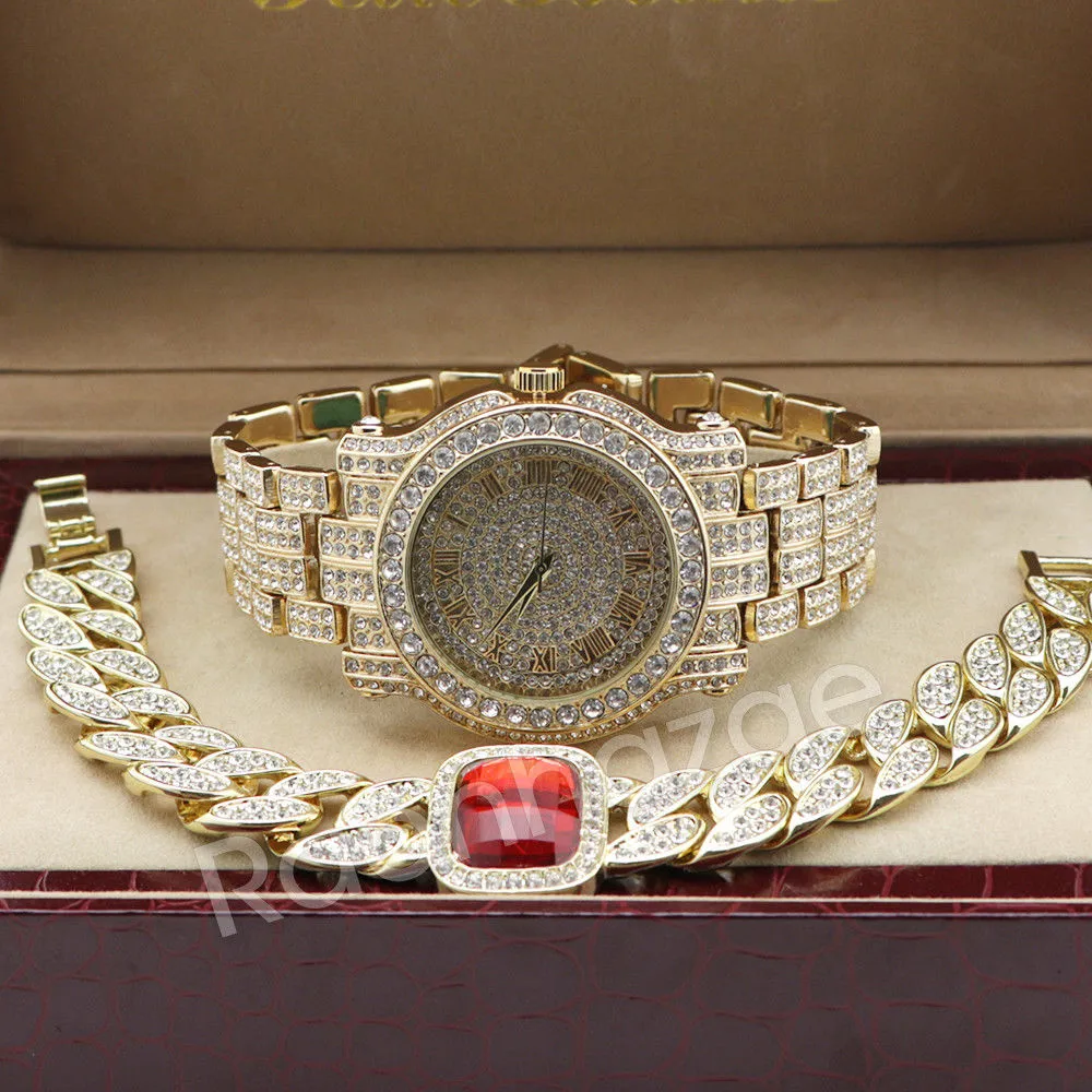 Hip Hop 14K Gold Simulated Diamond Watch Ruby Cuban Chain Bling Bracelet Set F47