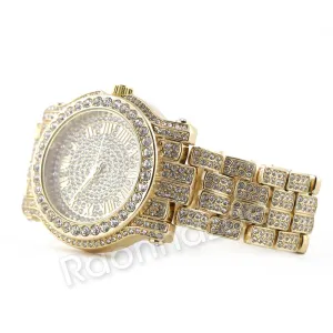 Hip Hop 14K Gold Simulated Diamond Watch Ruby Cuban Chain Bling Bracelet Set F47