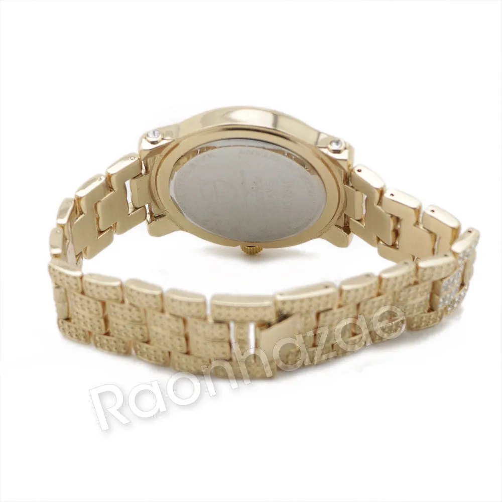 Hip Hop 14K Gold Simulated Diamond Watch Ruby Cuban Chain Bling Bracelet Set F47