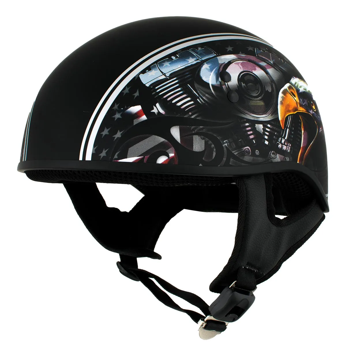 Hot Leathers HLD1023 V-Twin Eagle Flat Black Motorcycle DOT Skull Cap Half Helmet for Men and Women Biker