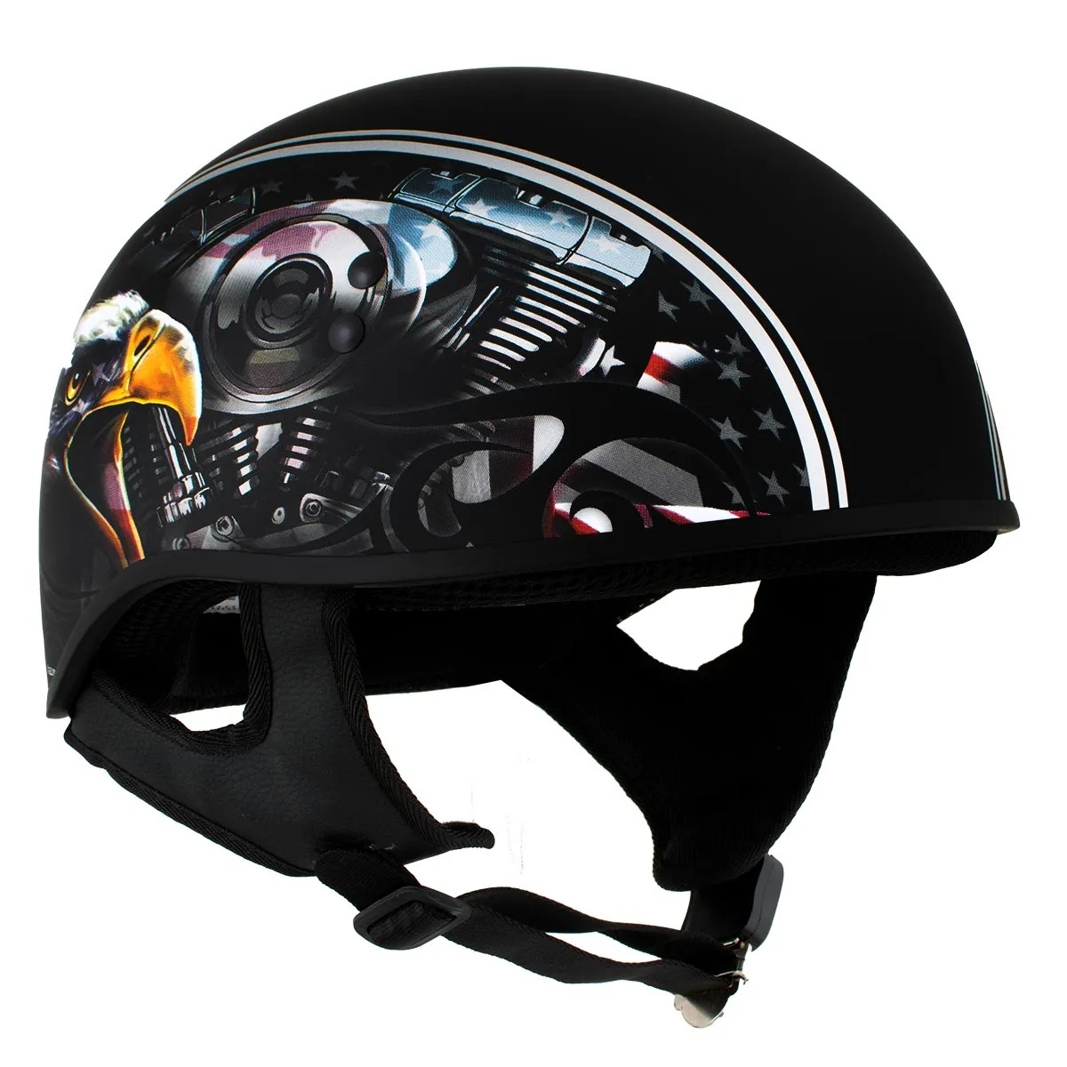 Hot Leathers HLD1023 V-Twin Eagle Flat Black Motorcycle DOT Skull Cap Half Helmet for Men and Women Biker