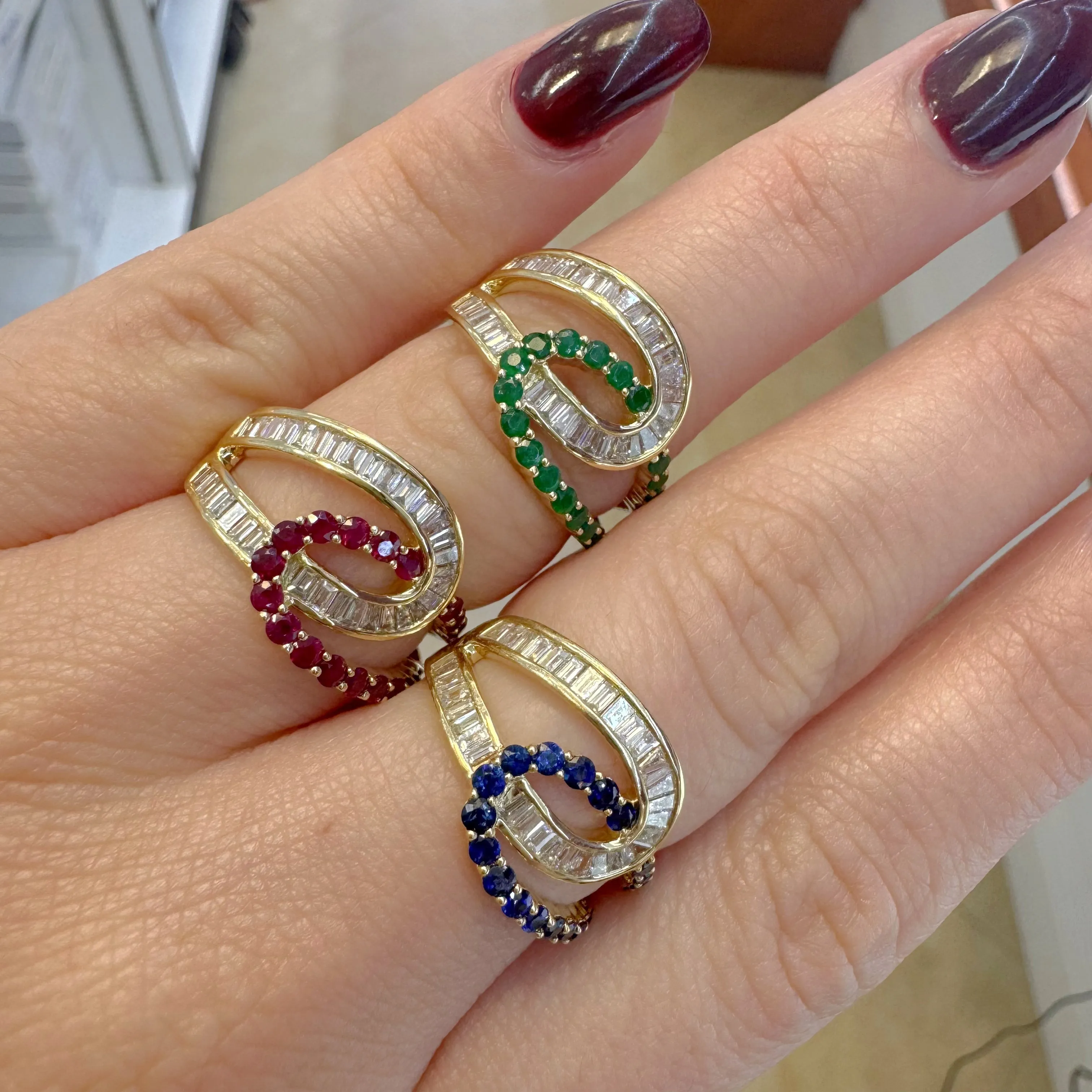 Interlocking Diamond Baguette and Color Stone Ring
