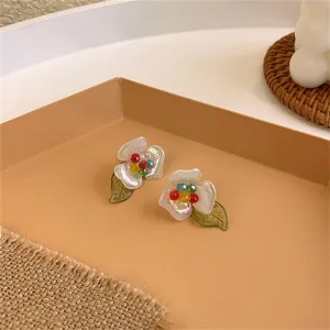Iridescent White & Olive Floral Drop Earrings