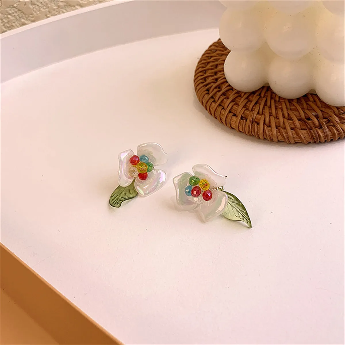 Iridescent White & Olive Floral Drop Earrings