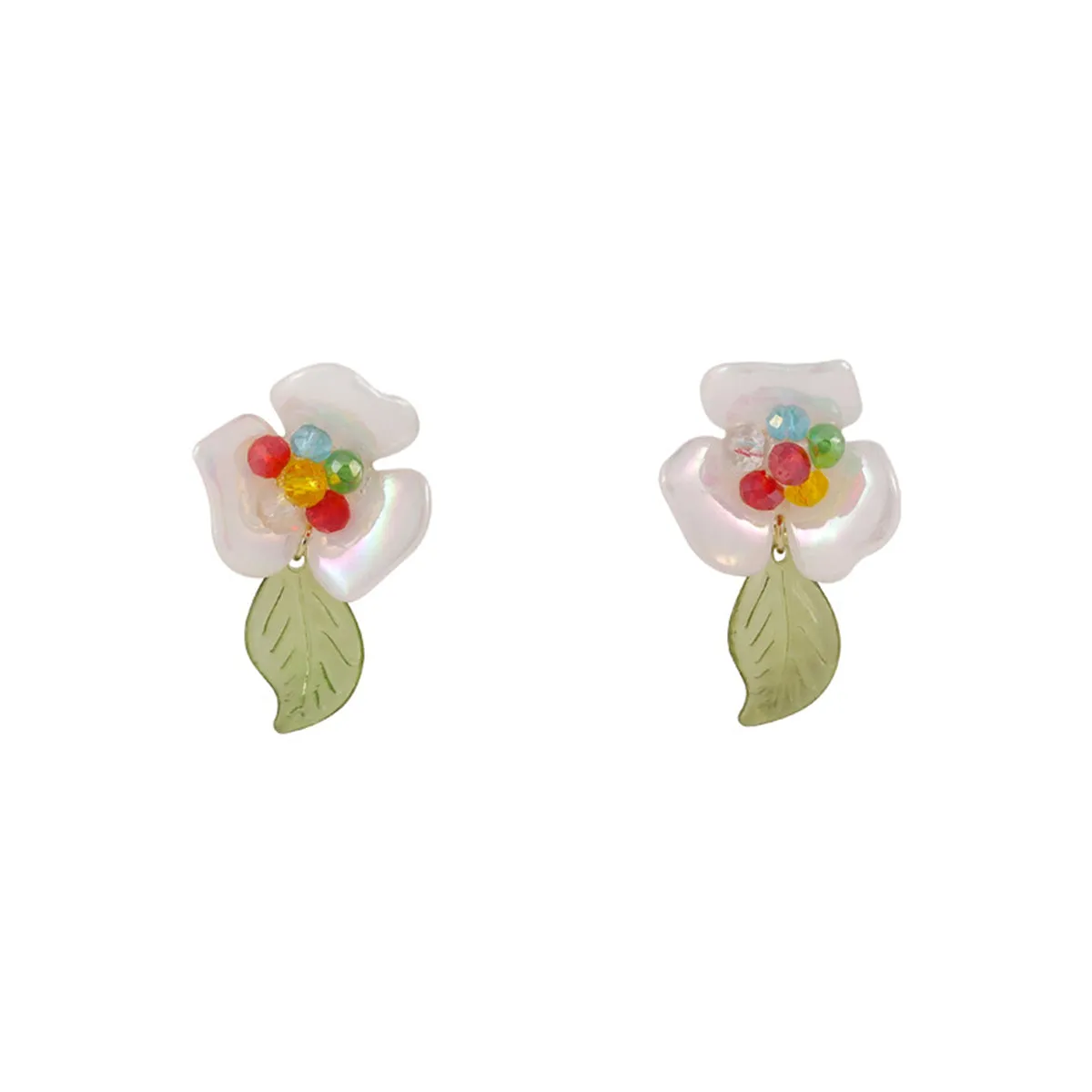 Iridescent White & Olive Floral Drop Earrings