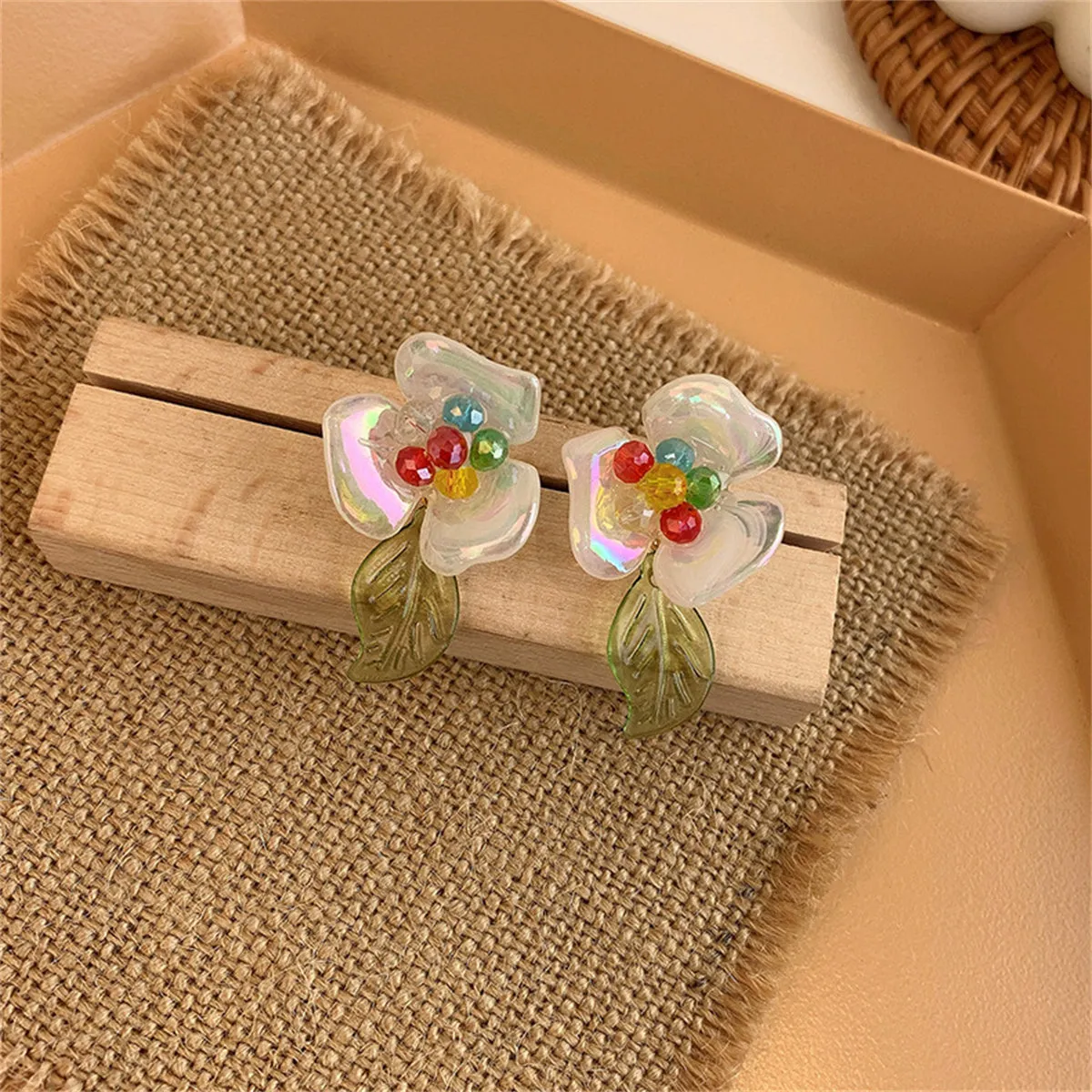 Iridescent White & Olive Floral Drop Earrings