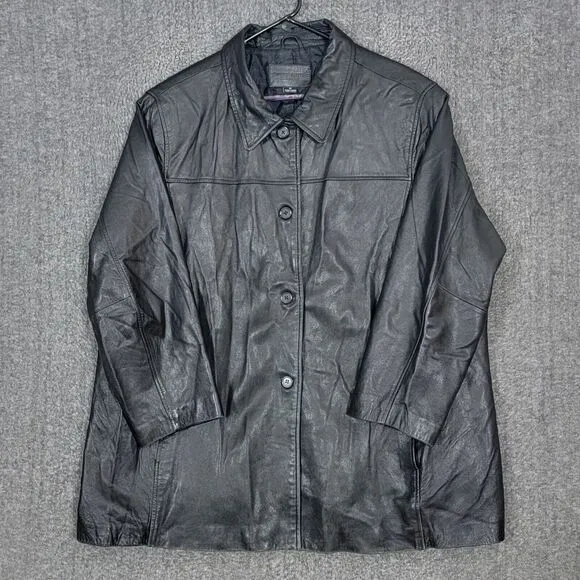 Jaclyn Smith Coat  Womens 3X Black Leather Classic Button Up Mid Length Jacket