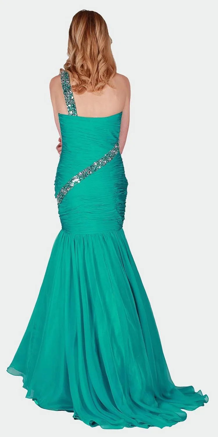 J&J Fashion 128 Long Prom Gown with Beaded One-Shoulder Strap