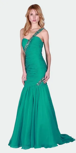 J&J Fashion 128 Long Prom Gown with Beaded One-Shoulder Strap