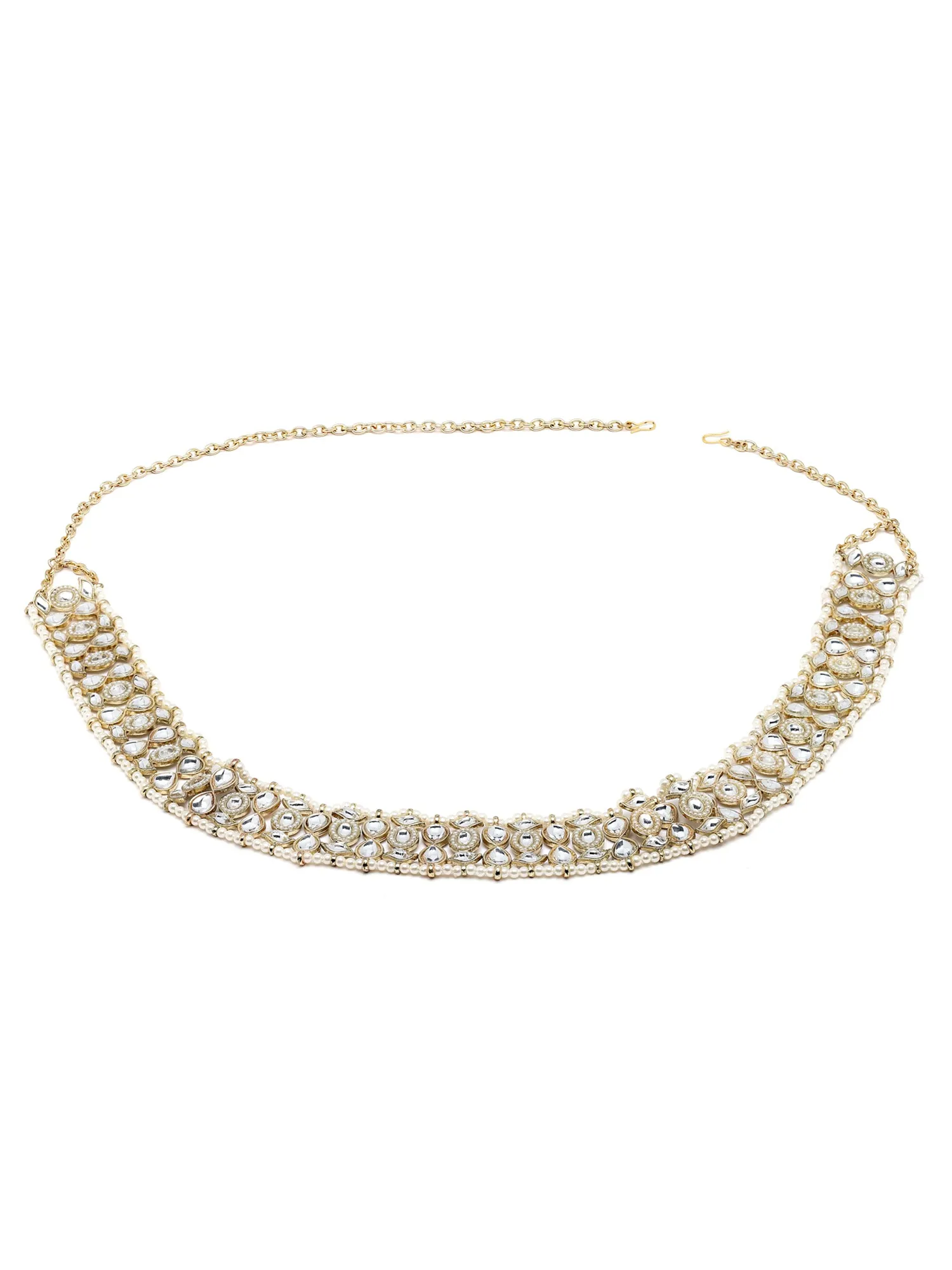 Karatcart Gold Plated Drop Shape Kundan and Pearl Beaded Kamarbandh