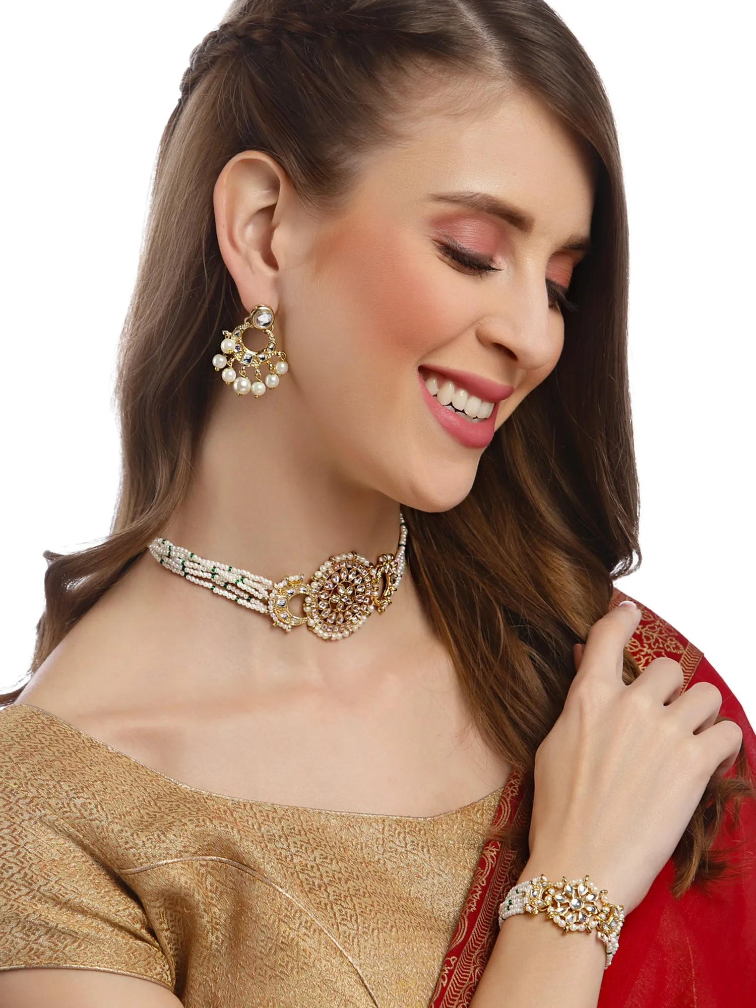 Karatcart Gold Plated Floral and Moon Shape Pearl Beaded Choker Necklace with Earrings and Bracelet