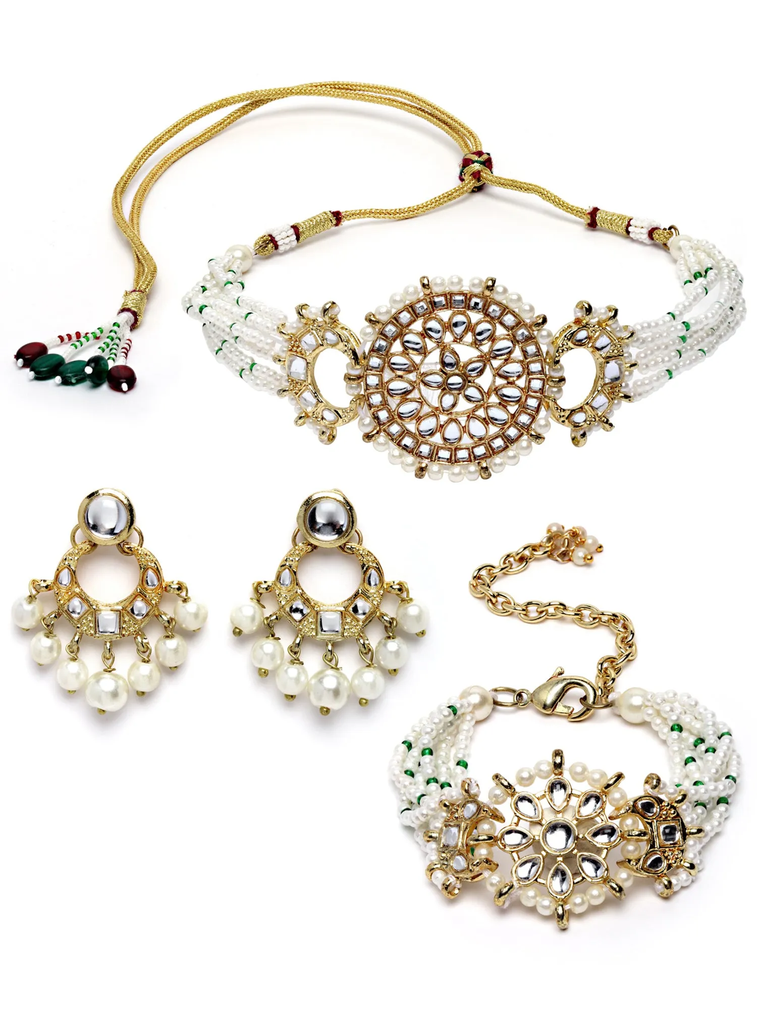 Karatcart Gold Plated Floral and Moon Shape Pearl Beaded Choker Necklace with Earrings and Bracelet