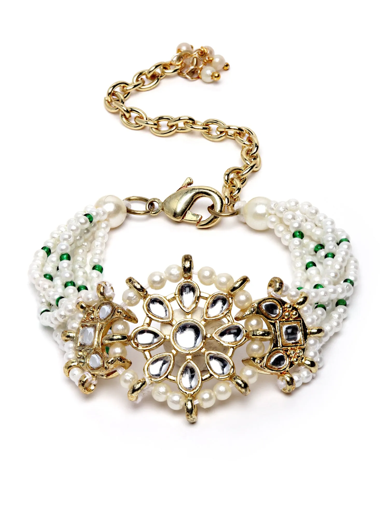 Karatcart Gold Plated Floral and Moon Shape Pearl Beaded Choker Necklace with Earrings and Bracelet