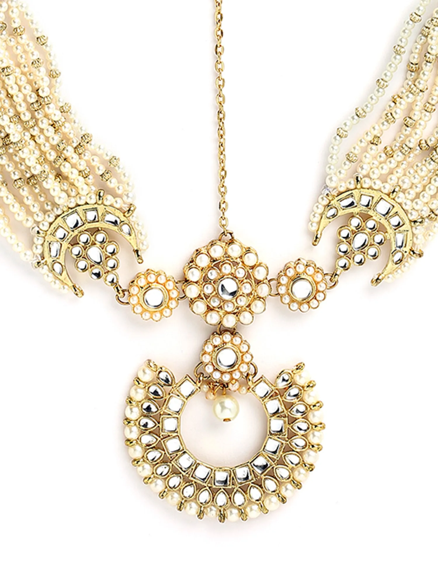 Karatcart Gold Plated Kundan and Pearl Beaded Floral Mathapatti for Women