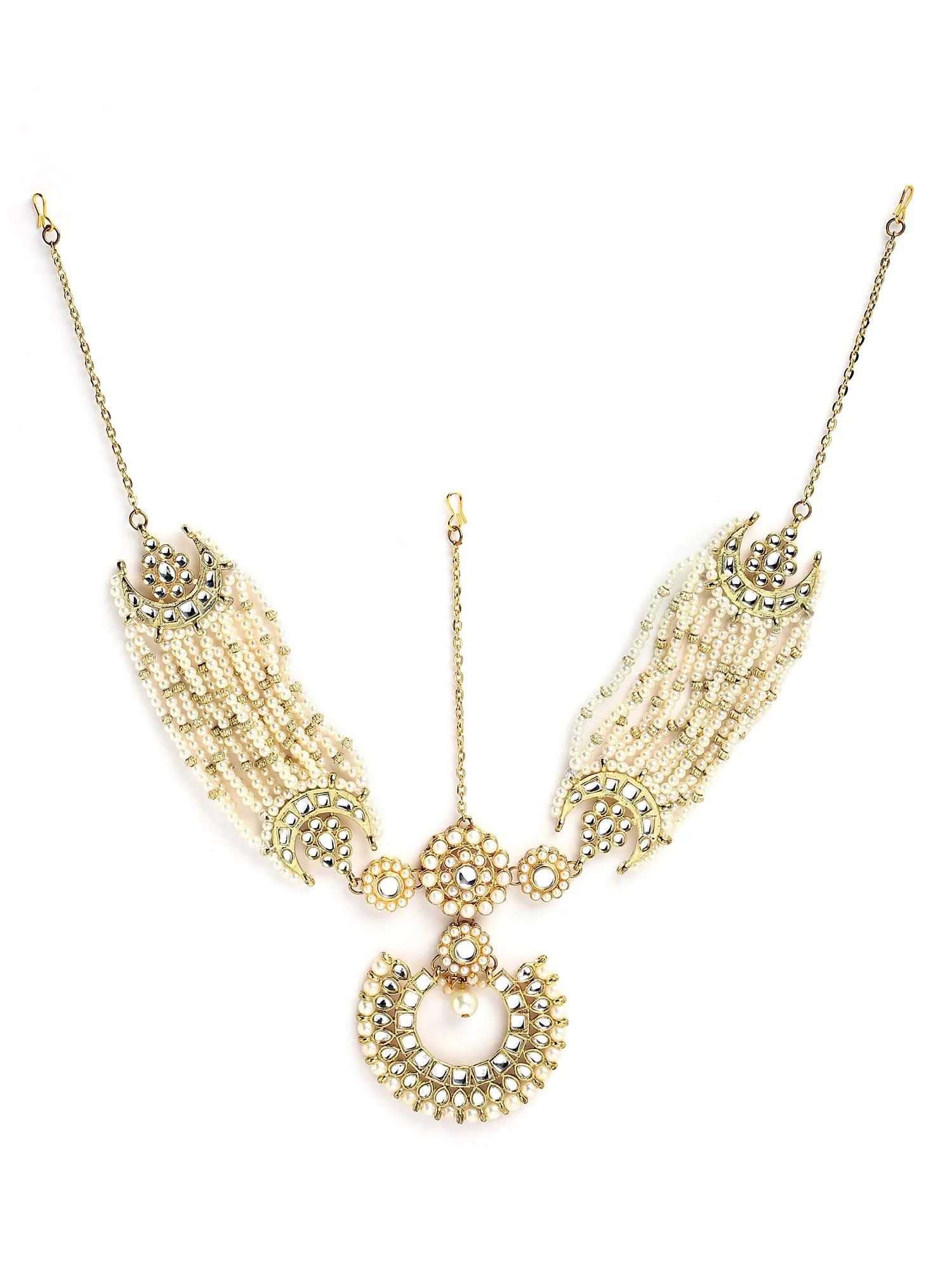 Karatcart Gold Plated Kundan and Pearl Beaded Floral Mathapatti for Women