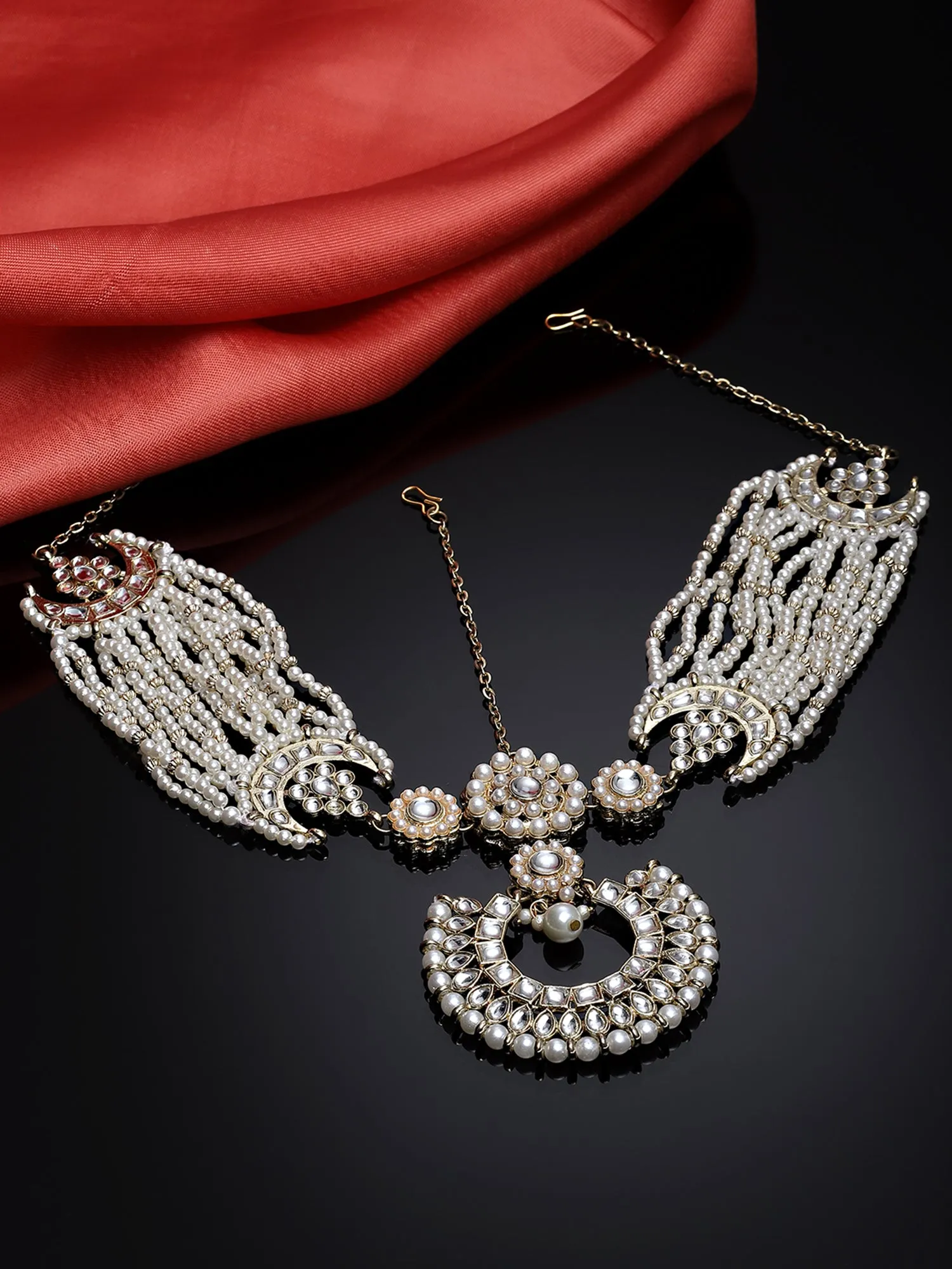 Karatcart Gold Plated Kundan and Pearl Beaded Floral Mathapatti for Women